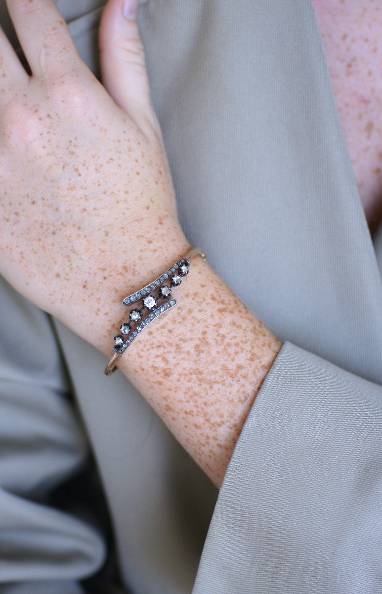 Bracelet Jonc Ancien Diamants Sur Or Rose Et Argent