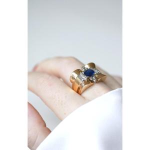 Bague Tank, Saphir Et Diamants Sur Platine Et Or Jaune