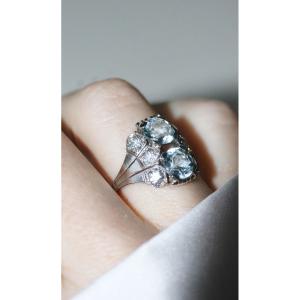 Art Deco Aquamarine And Diamonds Dome Ring On Platinum