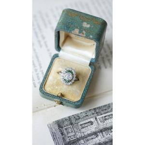 Edwardian Oval Diamond And Emerald Cluster Ring