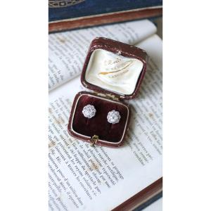 Puces d'Oreilles Marguerites Diamants 2,30 Cts Sur Or Et Platine, Edouardien