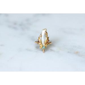 Bague Art Nouveau Perle Fine Baroque, Emeraude et Diamants sur Or Jaune