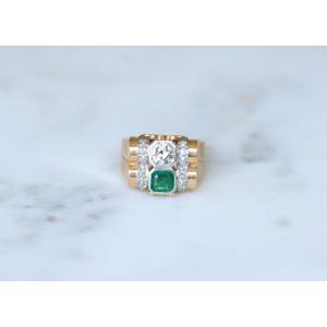 Bague Tank Emeraude Colombienne et Diamants sur Or Rose et Platine