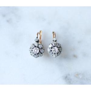 Cluster Sleeper Earrings With Old Cut Diamonds 1.40 Carats In Rose Gold And Silver