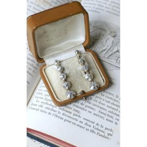 Long Antique Drop Earrings 3.00 Cts Old Cut Diamonds On Rose Gold And Silver