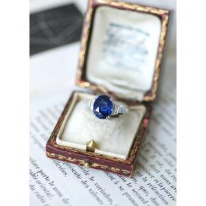 Bague Saphir Ceylan Non Chauffé 3,50 Cts et Diamant Baguette sur Or Blanc