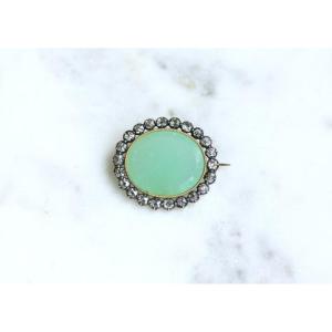 Broche Ancienne Chrysoprase et Diamants sur Or Rose et Argent