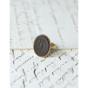Victorian Antique Jasper Intaglio Ring Featuring Cupid And Psyche On Yellow Gold