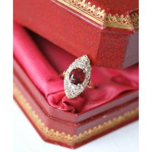 Victorian Navette Ring With Red Spinel And Diamonds On Rose Gold