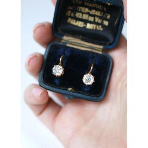 Boucles d'Oreilles Dormeuses Anciennes Diamant Coussin 1,70 Cts sur Or Rose