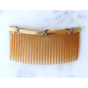 Peigne Ancien Diamants sur Or Jaune et Argent XIXe siècle