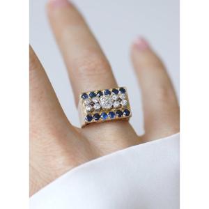 Cushion Old Cut Diamond And Sapphire Tank Art Deco Ring In Rose Gold