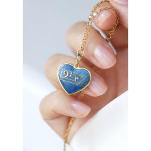 Collier Ancien Pendentif Coeur Clé de Fa Emaillé et Chaine Or Jaune et Perle Fine