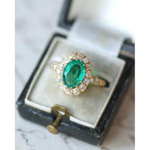 Bague Marguerite Ancienne Emeraude de Colombie 1.25 Cts et Diamants sur Or Jaune