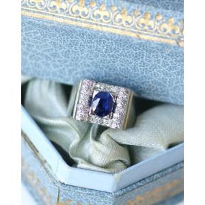 Bague Art Déco Saphir et Diamants sur Or Blanc et Platine