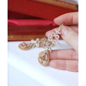 Boucles d'Oreilles Anciennes Goutte, Perles, Rubis Sur Or Rose Filigrané