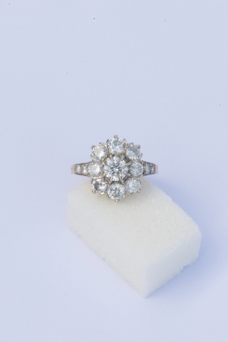 Yellow Gold, Platinum, And Diamond Daisy Ring
