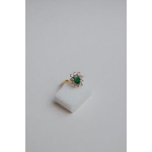 Rectangular Daisy Ring In Yellow Gold 750/000 And Emerald