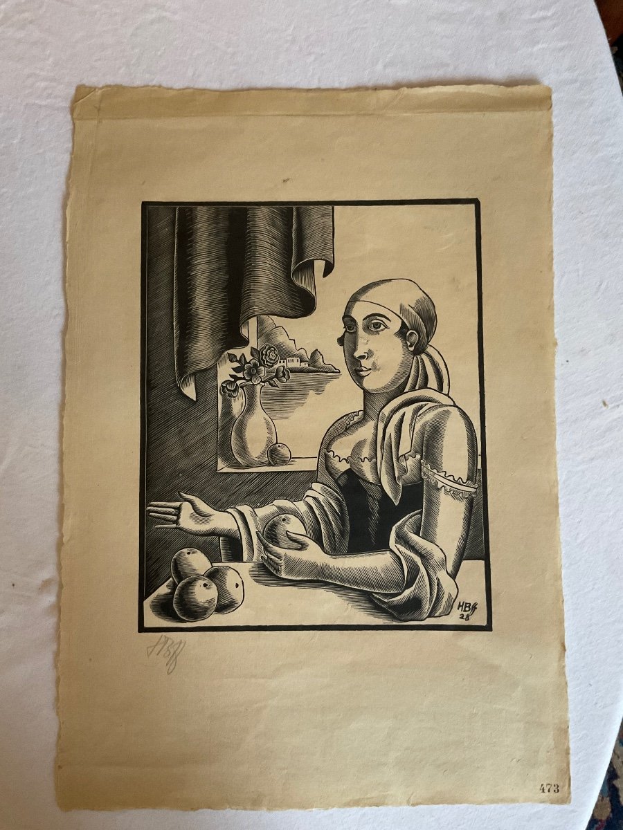 Henry Bischoff Wood Engraving Woman With Oranges