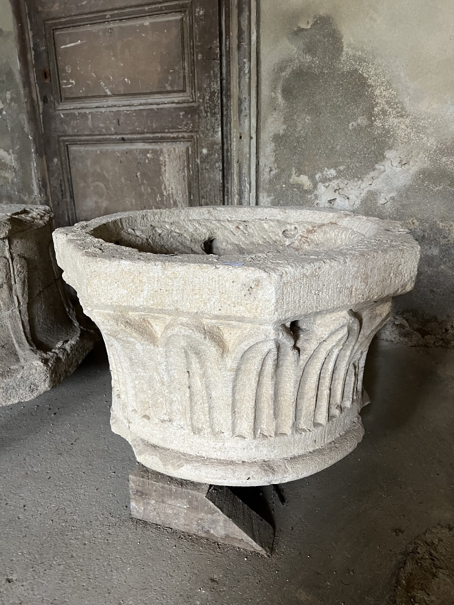 Pierre Romane Baptismal Font Liturgical Holy Water Font Romanesque Art Sculpture 