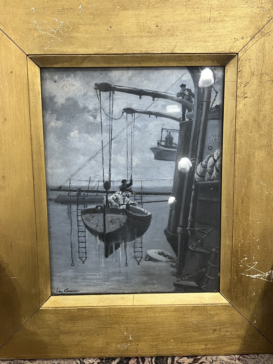 Léon Couturier, Marine Port Scene, Seascape Painting, Sea  