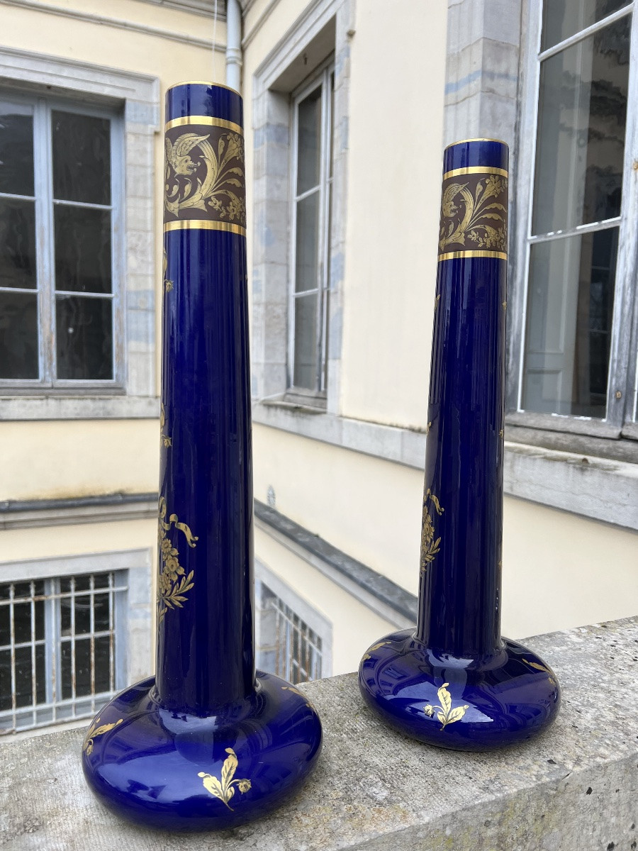 Jaget Pinon Porcelain From Tours, Pair Of Royal Blue Soliflore Vases-photo-2