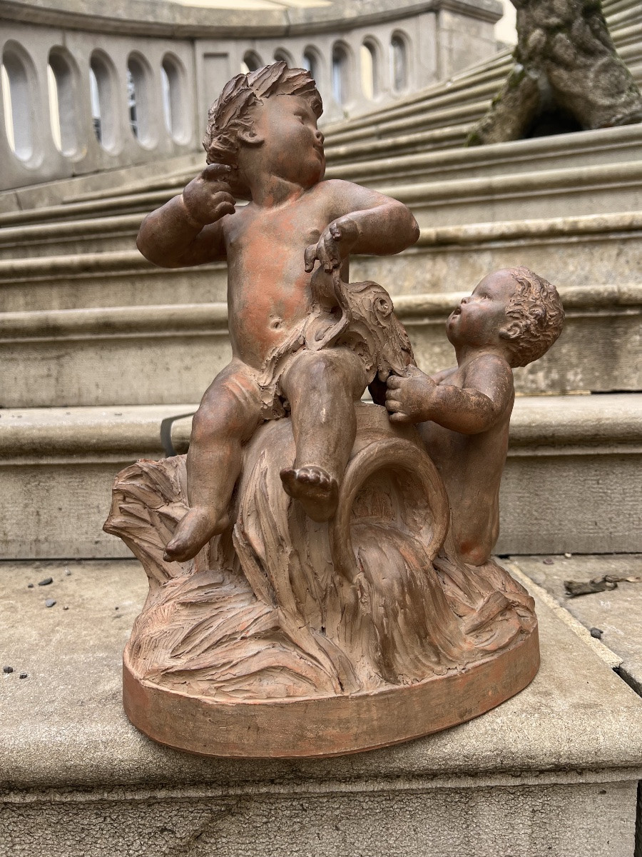Terre cuite salienne putti anges sculpture groupé décoration teracotta -photo-2