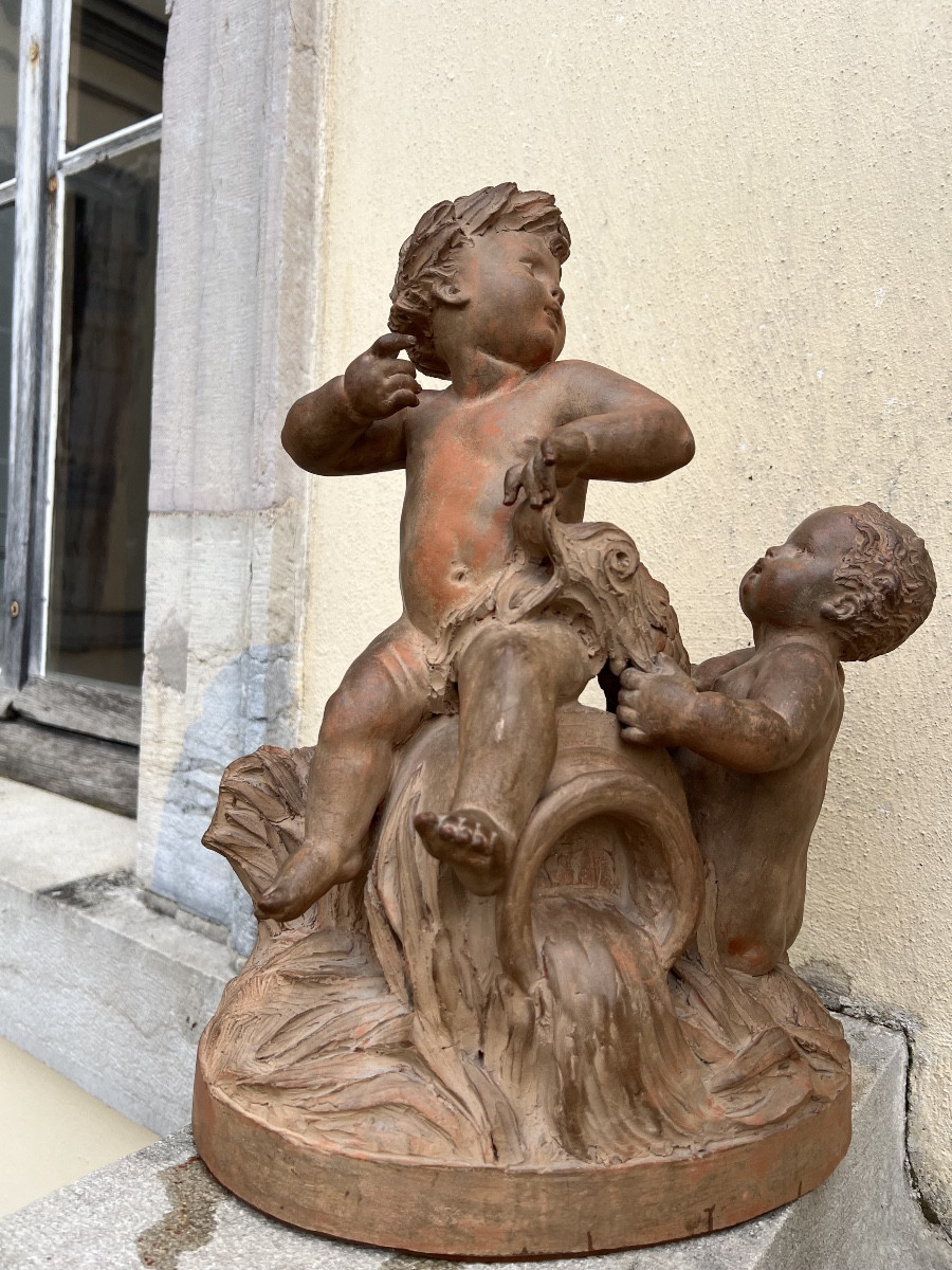 Terre cuite salienne putti anges sculpture groupé décoration teracotta 