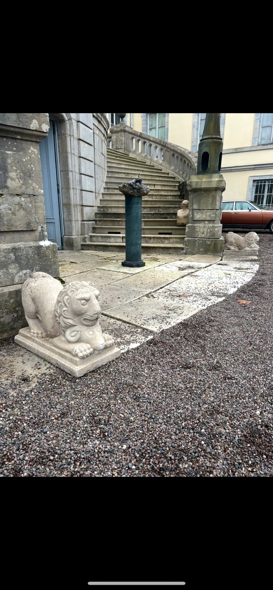 Paire de lions années 1940/50 en pierre reconstituée sculpture de parc -photo-2