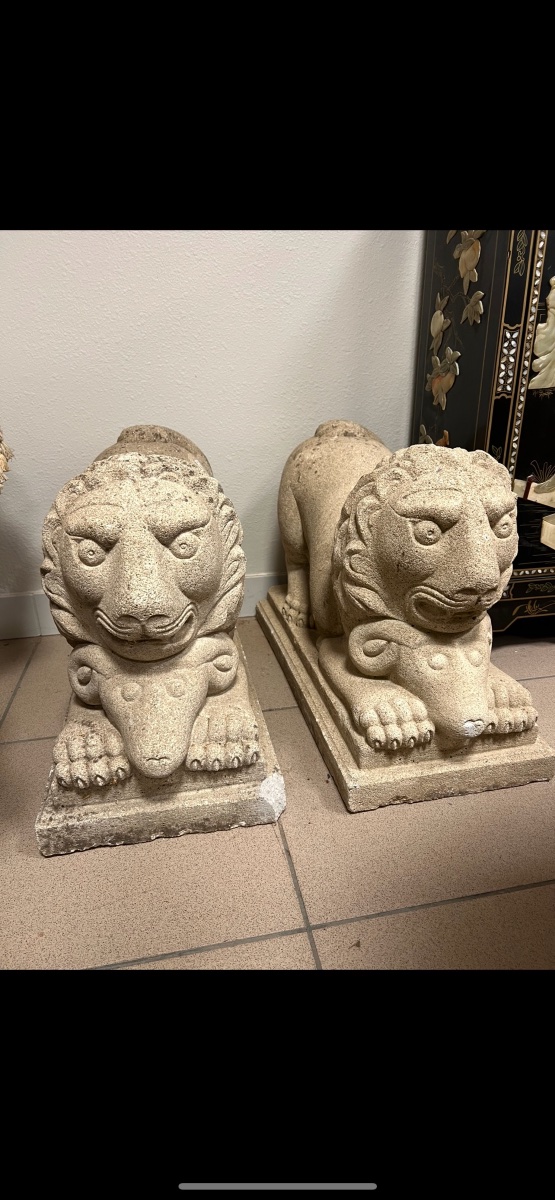 Paire de lions années 1940/50 en pierre reconstituée sculpture de parc -photo-3