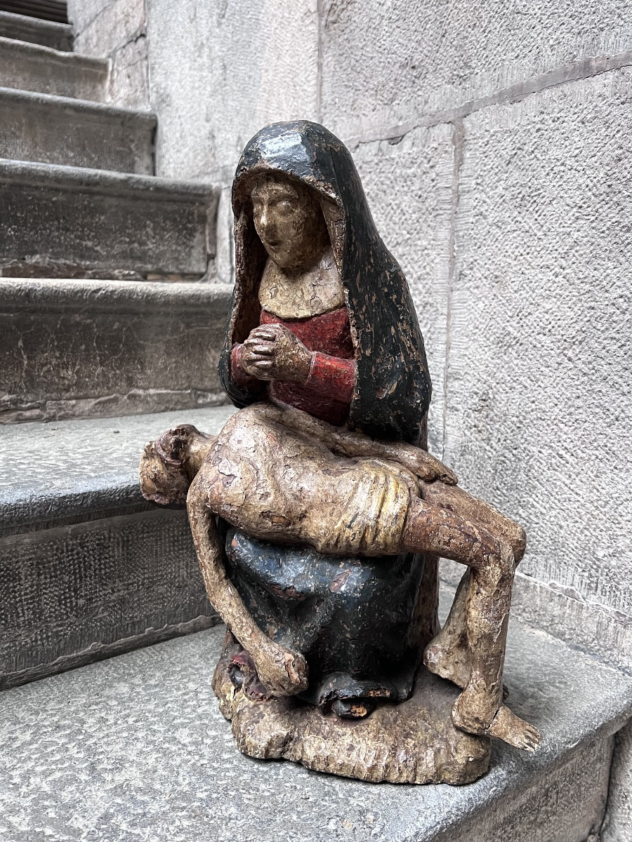 Piéta art religieux église Christ vierge marie sculpture bois polychrome 