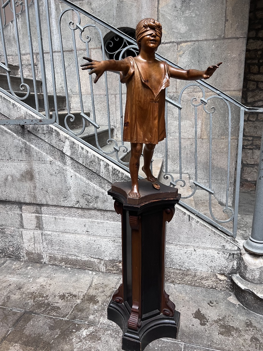 Sculpture bois Colin Maillard jeux jeune fille décorateur 