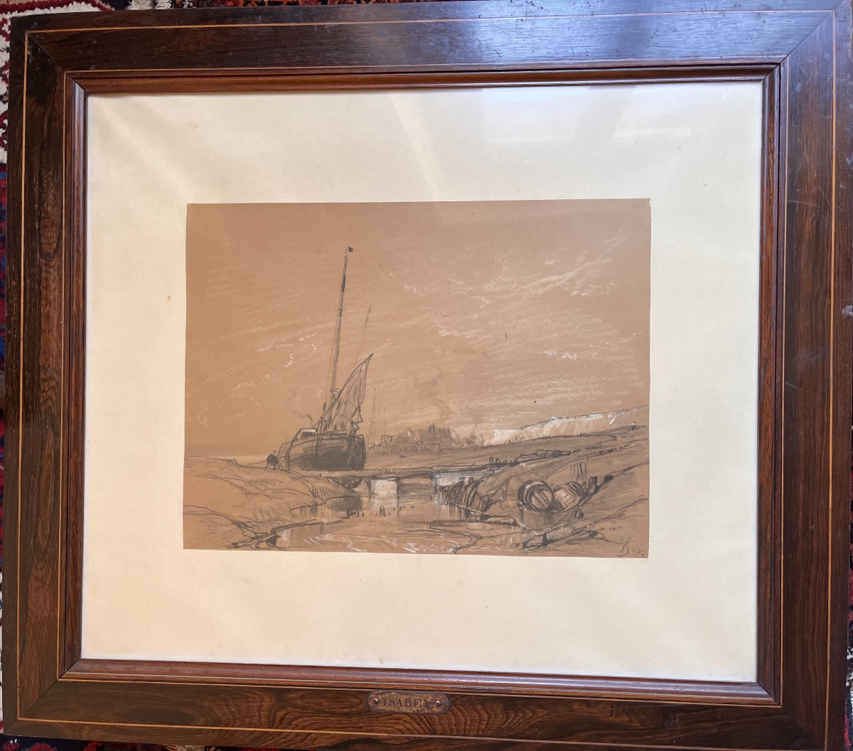Eugène Isabey, Antique Drawing Of A Ship At Sea 
