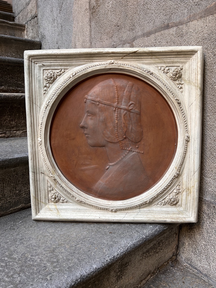 Italian Terracotta Portrait Medallion, Terracotta Painting 