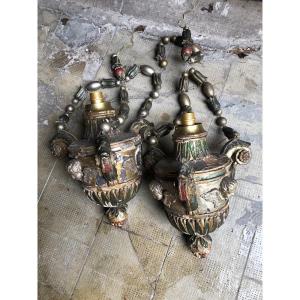 Church Chandeliers Polychrome Carved Wood 19th Century Religious Lighting Fixture 