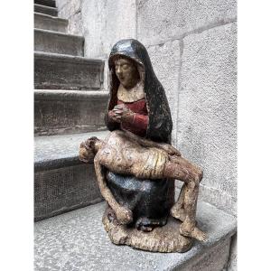 Piéta art religieux église Christ vierge marie sculpture bois polychrome 