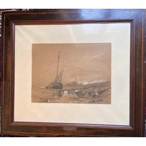 Eugène Isabey, Antique Drawing Of A Ship At Sea