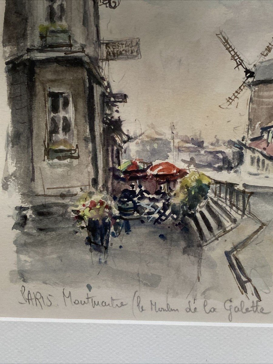 Denis Verspecht 1919-1996 - Paris Montmartre Moulin De La Galette Watercolor Signed-photo-3