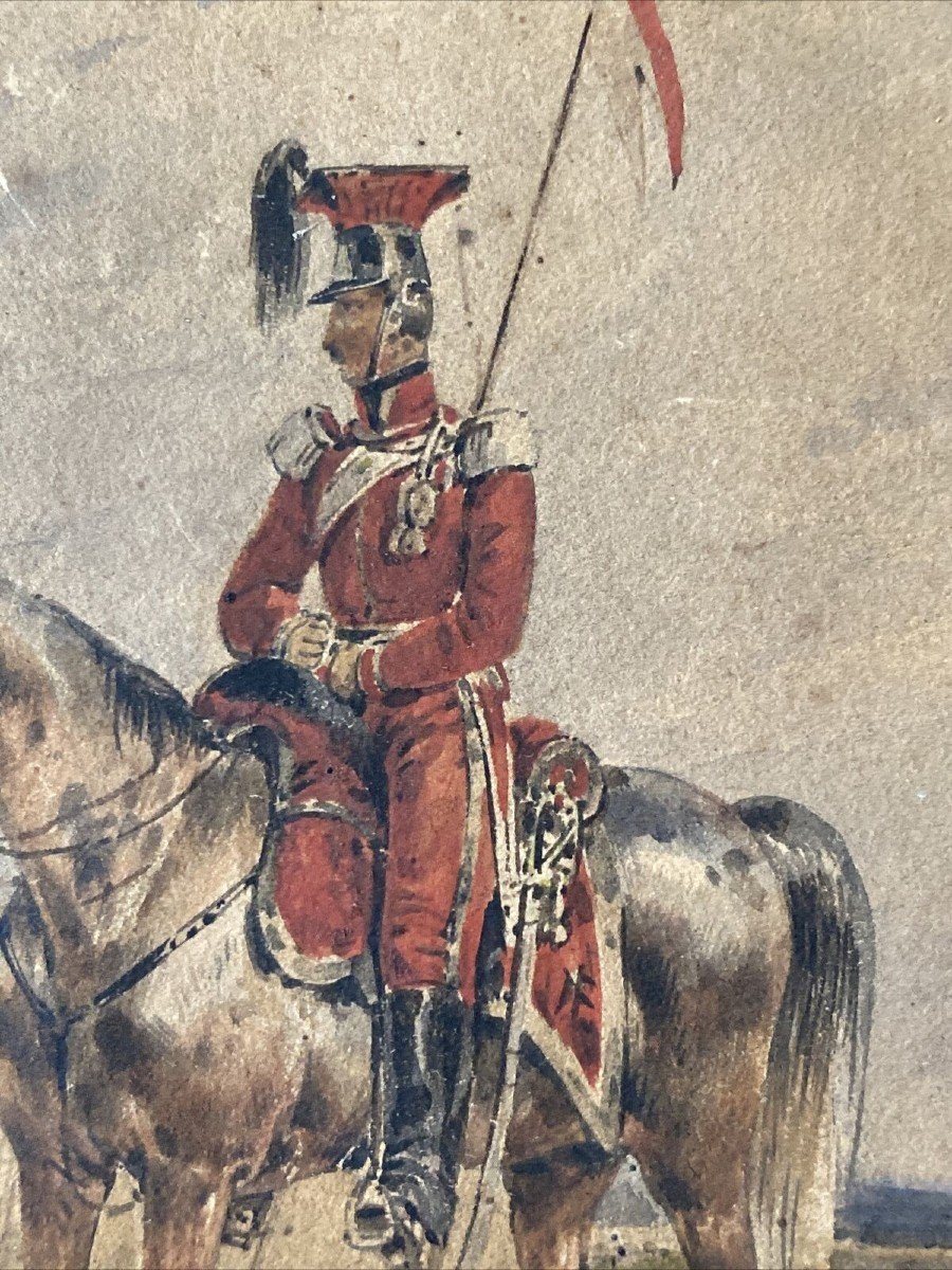 Ed Swebach 1800-1870 - Tableau Militaria Soldat Cavalier Paysan Aquarelle Sign&eacute;e-photo-3