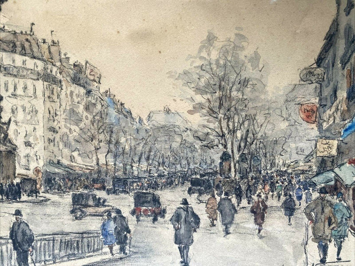 Henri Noizeux (1871 -?) Paris The Grands Boulevards Watercolor Signed-photo-3