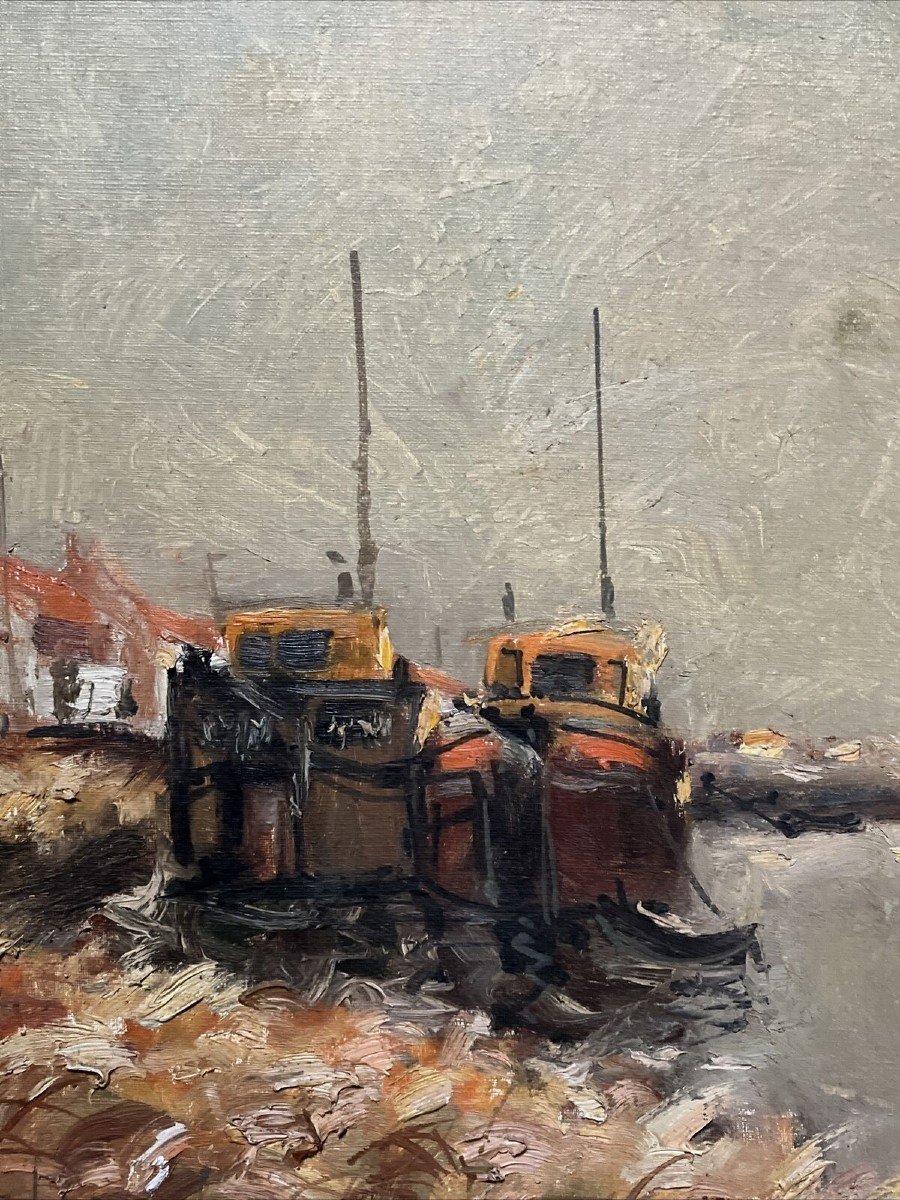 Aimé Daniel Steinlen 1923-1996 - Post Impressionism Painting Marine Péniches Oil Signed-photo-3