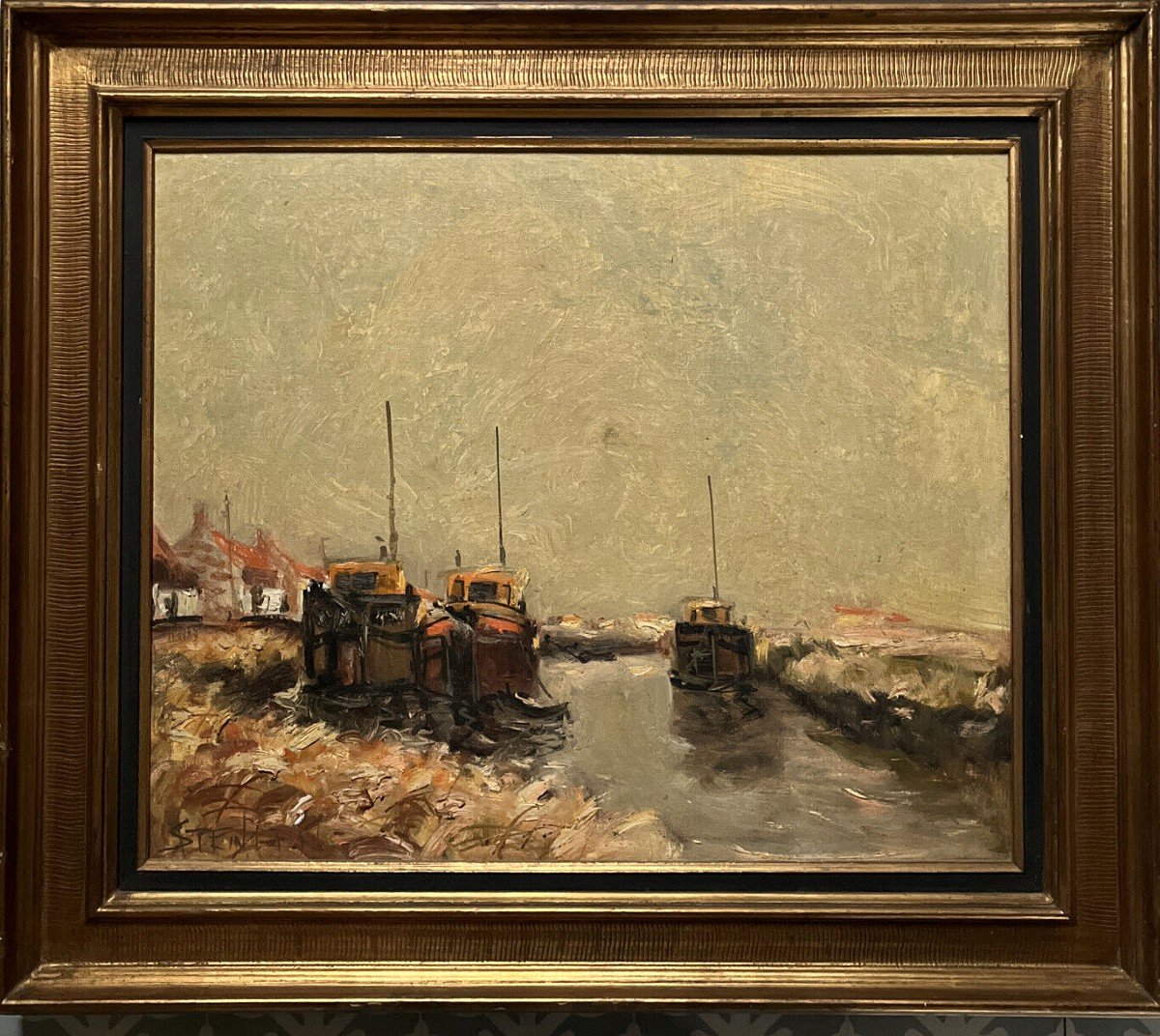 Aimé Daniel Steinlen 1923-1996 - Post Impressionism Painting Marine Péniches Oil Signed