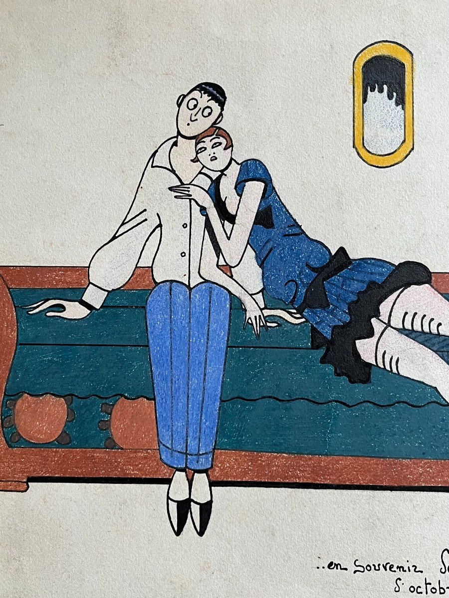 Moriss (1874-1963) - Dessin Humoristique Caricature Couple Sur Un Sofa - Pastel Et Encre-photo-3