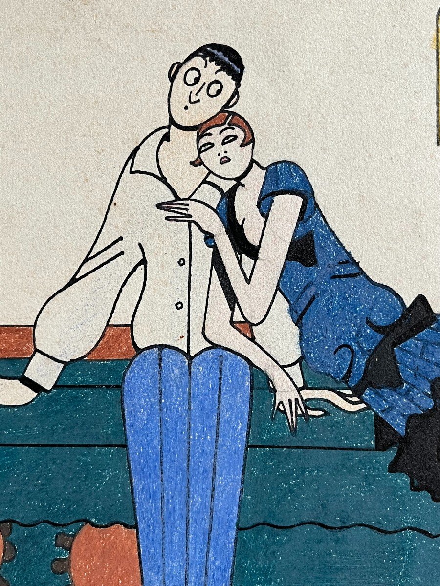 Moriss (1874-1963) - Dessin Humoristique Caricature Couple Sur Un Sofa - Pastel Et Encre-photo-4