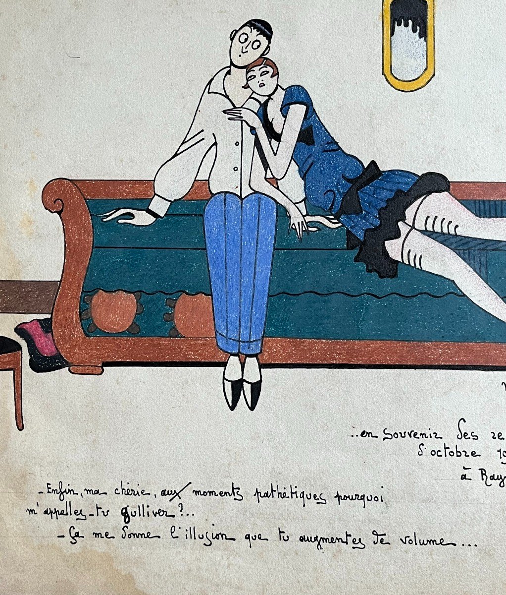 Moriss (1874-1963) - Dessin Humoristique Caricature Couple Sur Un Sofa - Pastel Et Encre-photo-1
