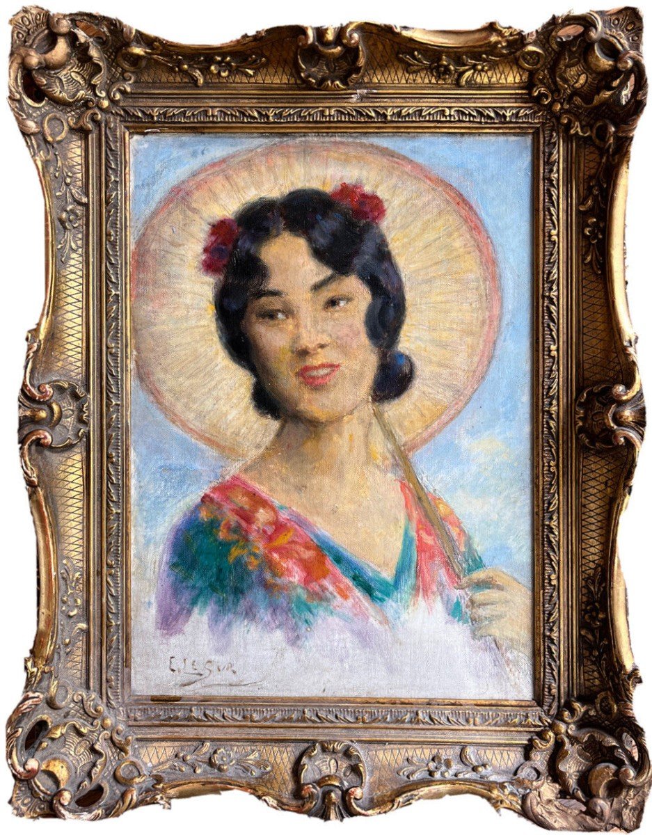 C. Lesur Née 1931 - Post Impressionnisme Asie Japon Portrait De Femme Huile Signée Et Encadrée