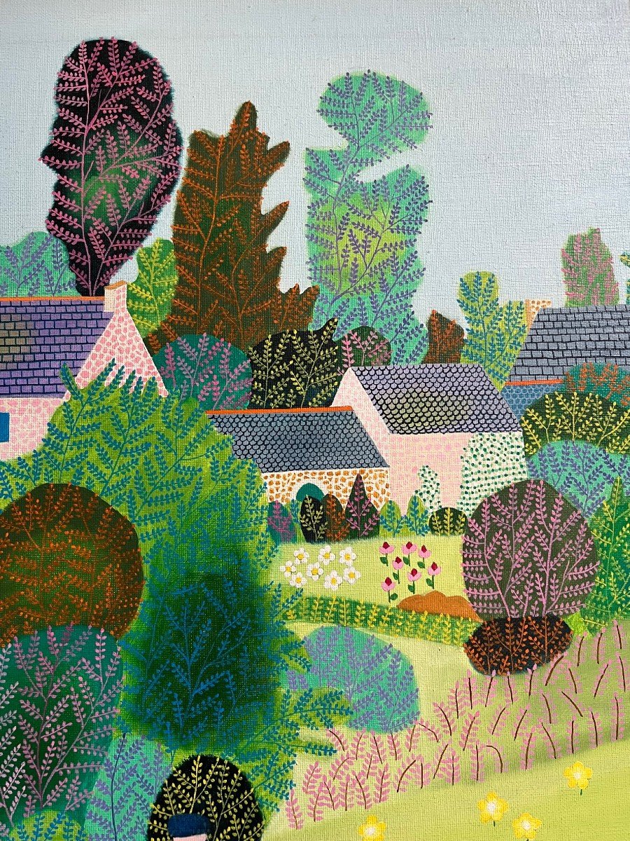 Berthe Mourgues Née 1922 - Tableau Art Naif Paysage d'Automne Animé Huile Naïve De 1977 Signée-photo-4