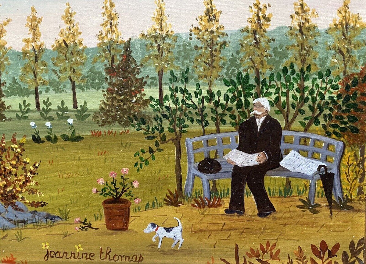 Jeanine Thomas - Naif Painting Naïve School Landscape Countryside Man With His Dog Painting Signed-photo-2