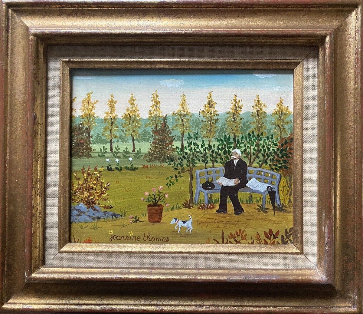 Jeanine Thomas - Naif Painting Naïve School Landscape Countryside Man With His Dog Painting Signed