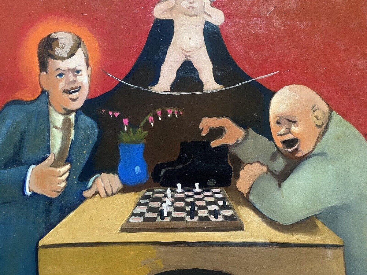 Madeleine Luka - Tableau Naïf Partie d'échecs Entre Kennedy Khrouchtchev Huile Signée Et Datée